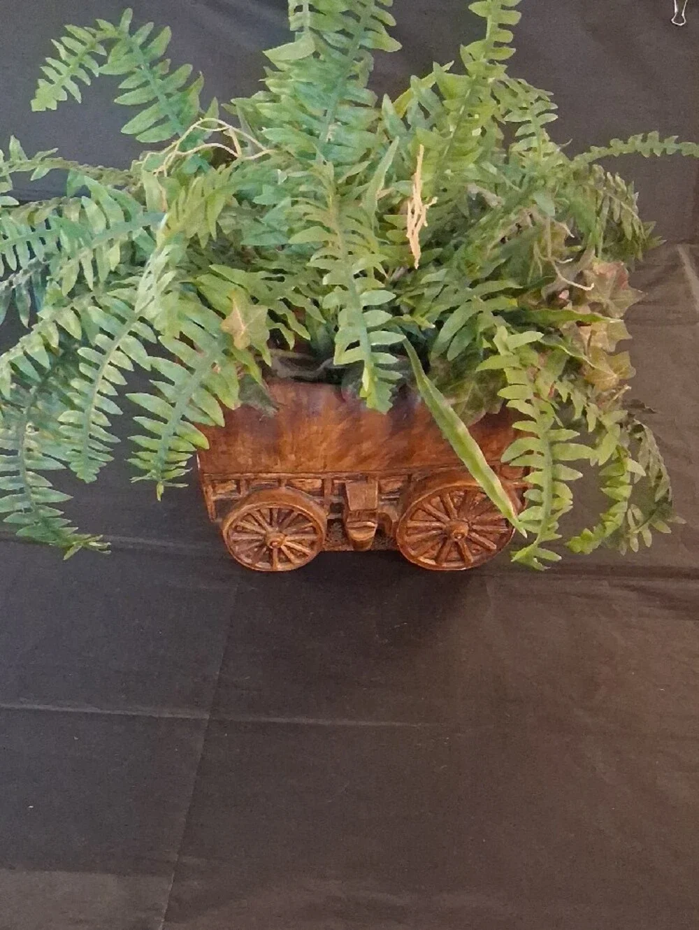 Faux Green Fern & Greenery in Ceramic Rustic Wagon Planter